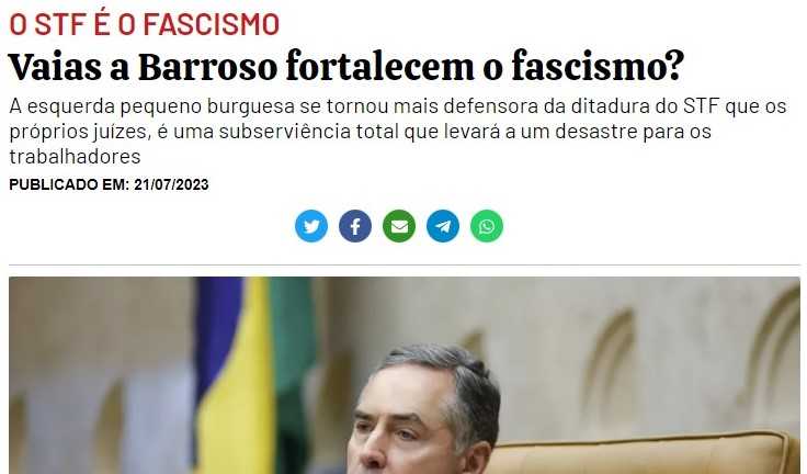 Vaias a Barroso fortalecem o fascismo? A esquerda pequeno burguesa se tornou mais defensora da ditadura do STF que os próprios juízes, é uma subserviência total que levará a um desastre para os trabalhadores.